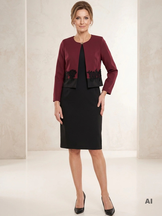 Bordowo-czarna garsonka damska z prostą sukienką midi – elegancki fason z ozdobną broszką i koronką 35008