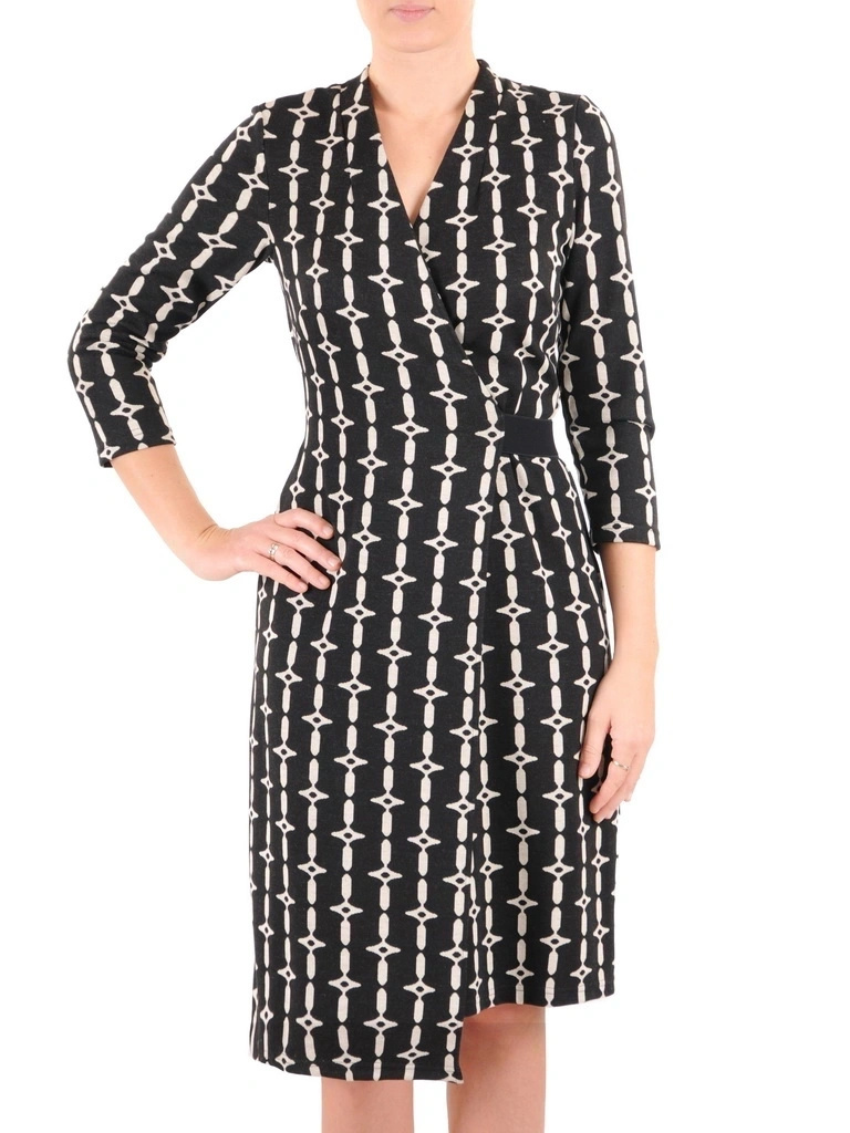 Wizytowa sukienka midi z rękawem 3/4 w graficzny deseń – elastyczny pasek zgrabnie modelujący sylwetkę 37002