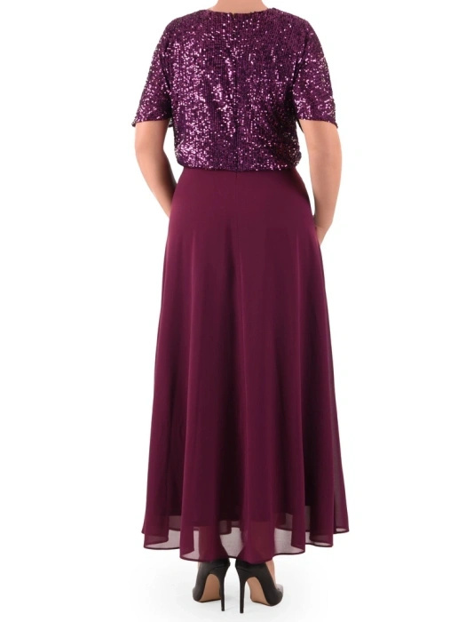 Elegancka fioletowa kreacja maxi z cekinami na wesele – rozkloszowana kaskada z dekoltem V 40967