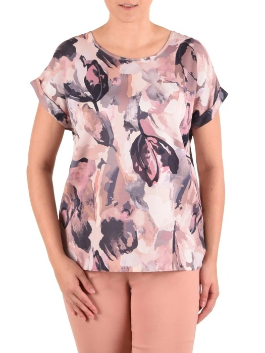 Bluzka damska Plus Size w letnie kwiaty z okrągłym dekoltem – prosty fason maskujący niedoskonałości sylwetki 42041