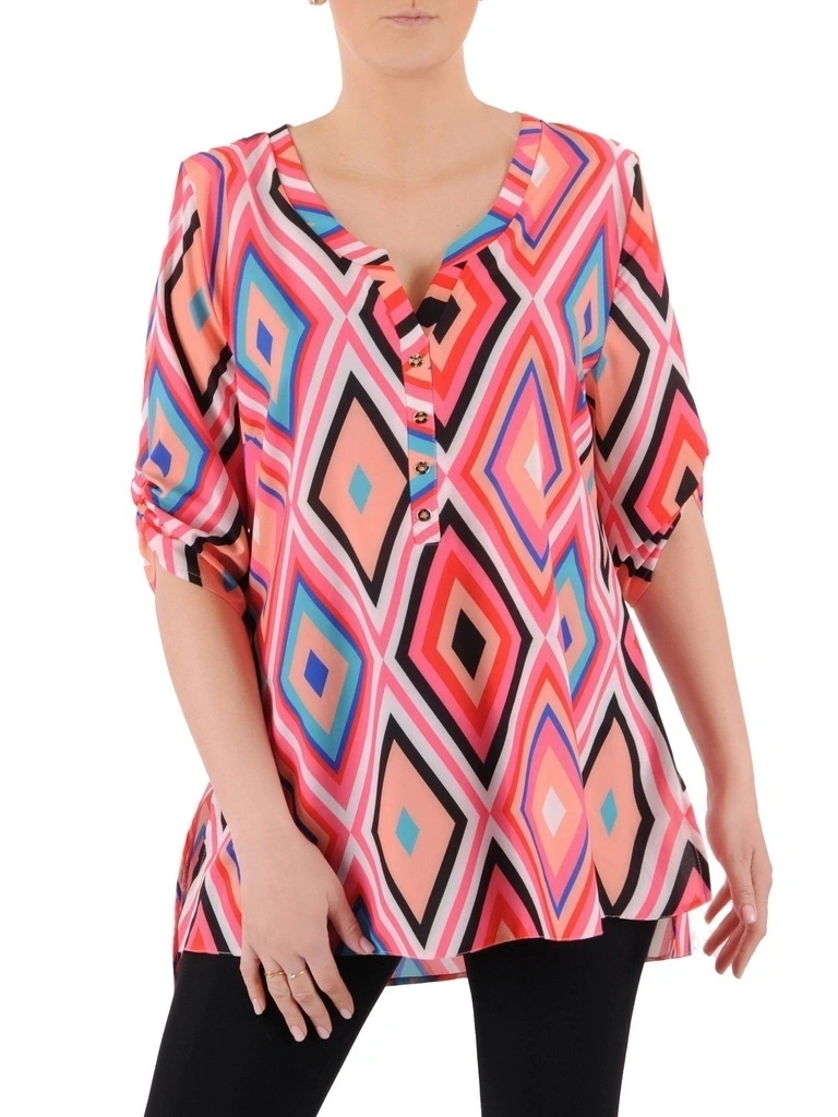 Elegancka bluzka damska w barwny print z wiskozy – luźny krój z dekoltem w serek 39487