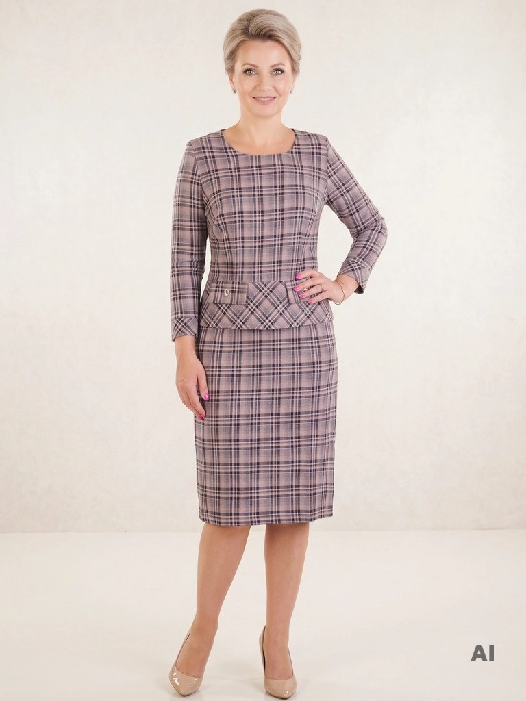 Elegancka sukienka midi w kratkę brudny róż – prosty fason z baskinką i rękawem 3/4 33887