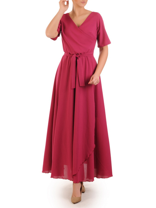 Długa malinowa sukienka z szyfonu, kreacja z ozdobnym rozcięciem 31151