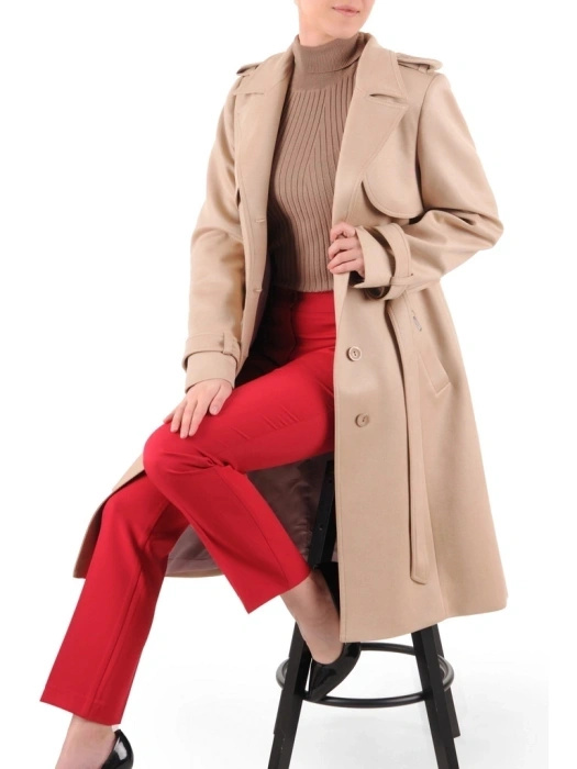 Elegancki beżowy płaszcz trencz damski – modny fason w prążki podkreślający talię 41308