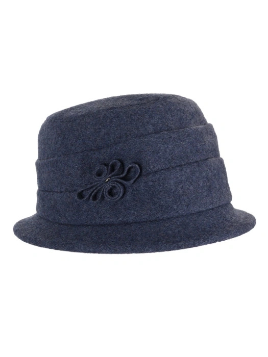 Elegancki kapelusz damski zimowy cloche – granatowe nakrycie głowy z ozdobną wstawką 42451