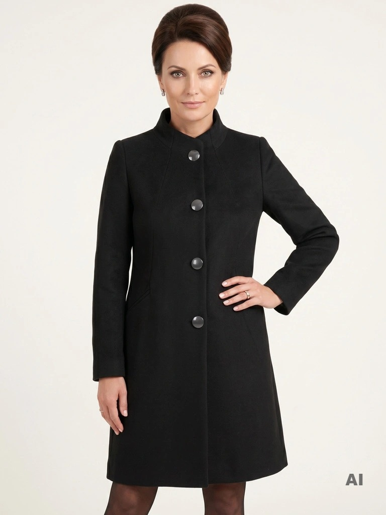 Elegancki czarny płaszcz zimowy z przeszyciami – prosty krój z efektowną stójką 35796