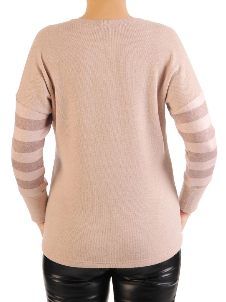 Klasyczny beżowy sweter w paski – fason kimono optycznie modelujący sylwetkę na co dzień 34826