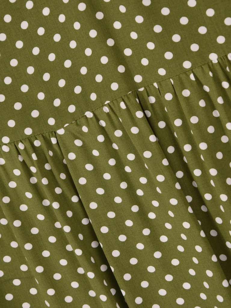 Wiskozowa sukienka rozkloszowana w grochy khaki – fason podkreślający talię i kobiece kształty 41410