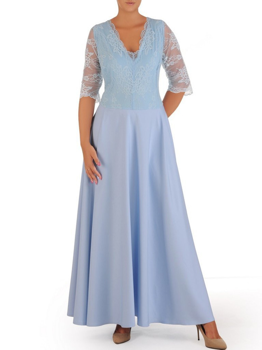 Błękitna sukienka maksi, kreacja z ozdobnym rozcięciem 26851