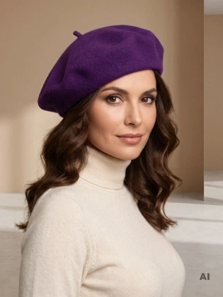 Elegancki fioletowy beret damski w stylu francuskim – ciepła wełna z urokliwą antenką na chłody 40891