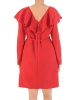Czerwona sukienka trapezowa na święta i wesele midi – tuszujący fason z dekoltem V i falbaną 34341