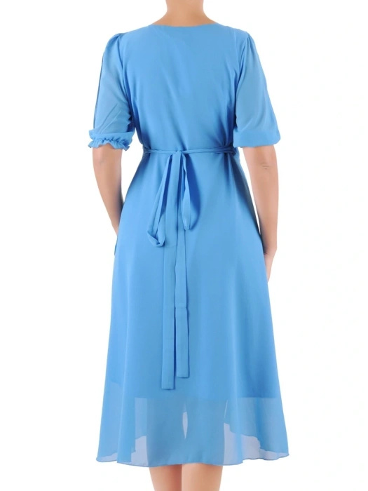 Elegancka niebieska sukienka rozkloszowana midi – kopertowy dekolt z wiązaniem w talii 36855