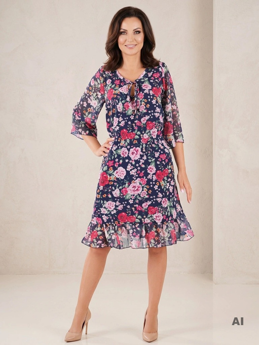 Elegancka sukienka trapezowa midi w kwiaty – maskujący fason z wiązanym dekoltem 36385