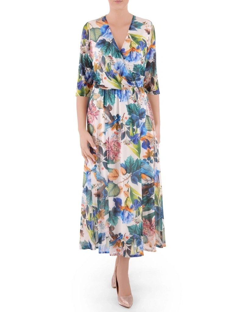 Elegancka sukienka rozkloszowana maxi w kwiaty – wysmuklający fason z kopertowym dekoltem i gumką w talii 37959