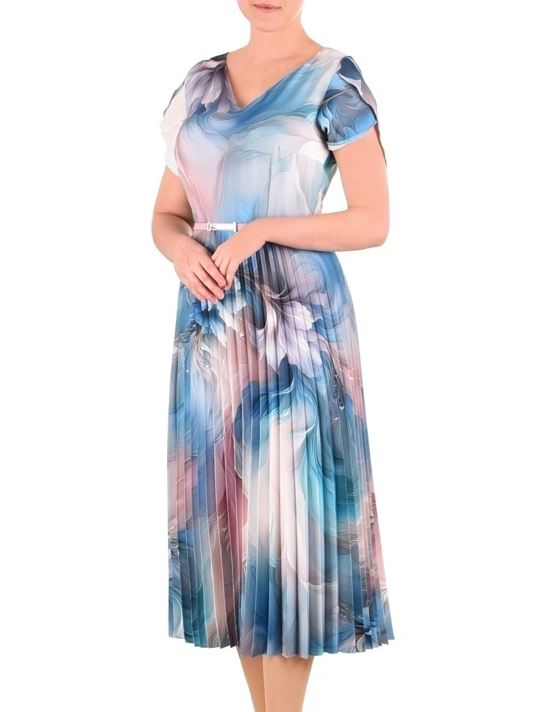 Elegancka sukienka rozkloszowana midi we wzory – dekolt w serek i pasek modelujący sylwetkę 41600