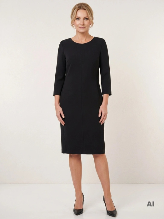 Elegancka czarna sukienka midi o prostym kroju – modelujące sylwetkę przeszycia i kieszenie 38721