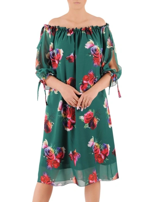 Elegancka sukienka midi w kwiaty z falbaną – prosty krój z paskiem modelującym sylwetkę 36399