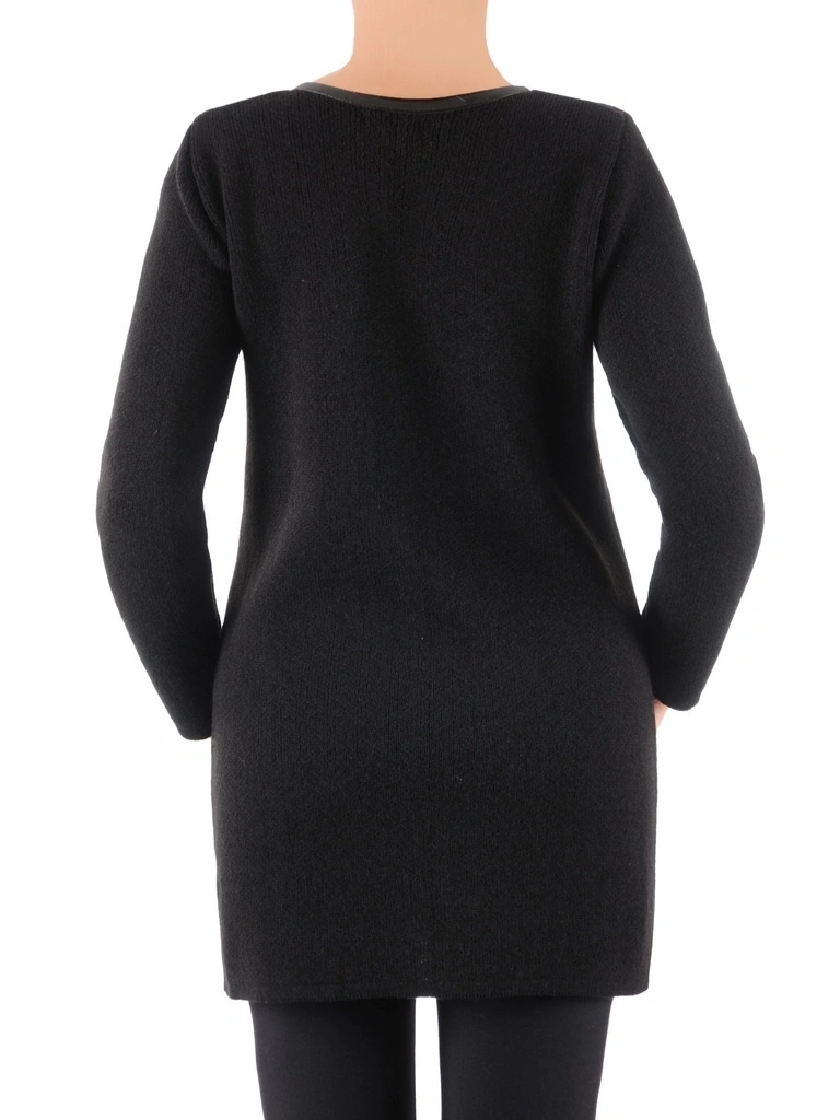 Elegancki sweter damski rozpinany czarny – modne wstawki z ekoskóry i prosty krój 38959