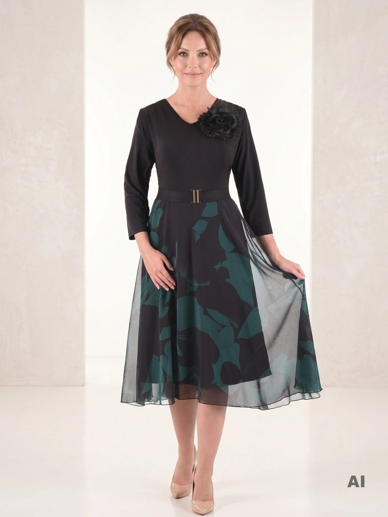 Elegancka czarno-zielona sukienka rozkloszowana midi – wysmuklający dekolt V i odpinany kwiat 40368