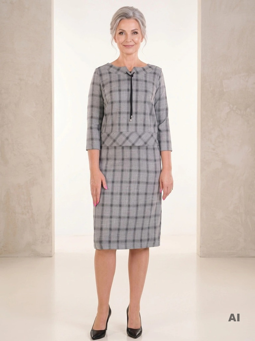 Elegancka sukienka do pracy w kratkę – prosty fason z baskinką modelującą talię 33925