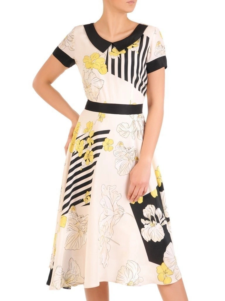 Elegancka sukienka rozkloszowana midi w kwiaty z kołnierzem – wyszczuplające przeszycia akcentujące talię 29841