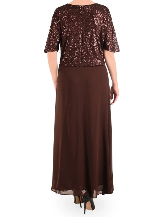Elegancka brązowa sukienka maxi na wesele z cekinami – rozkloszowany krój z dekoltem V 41696