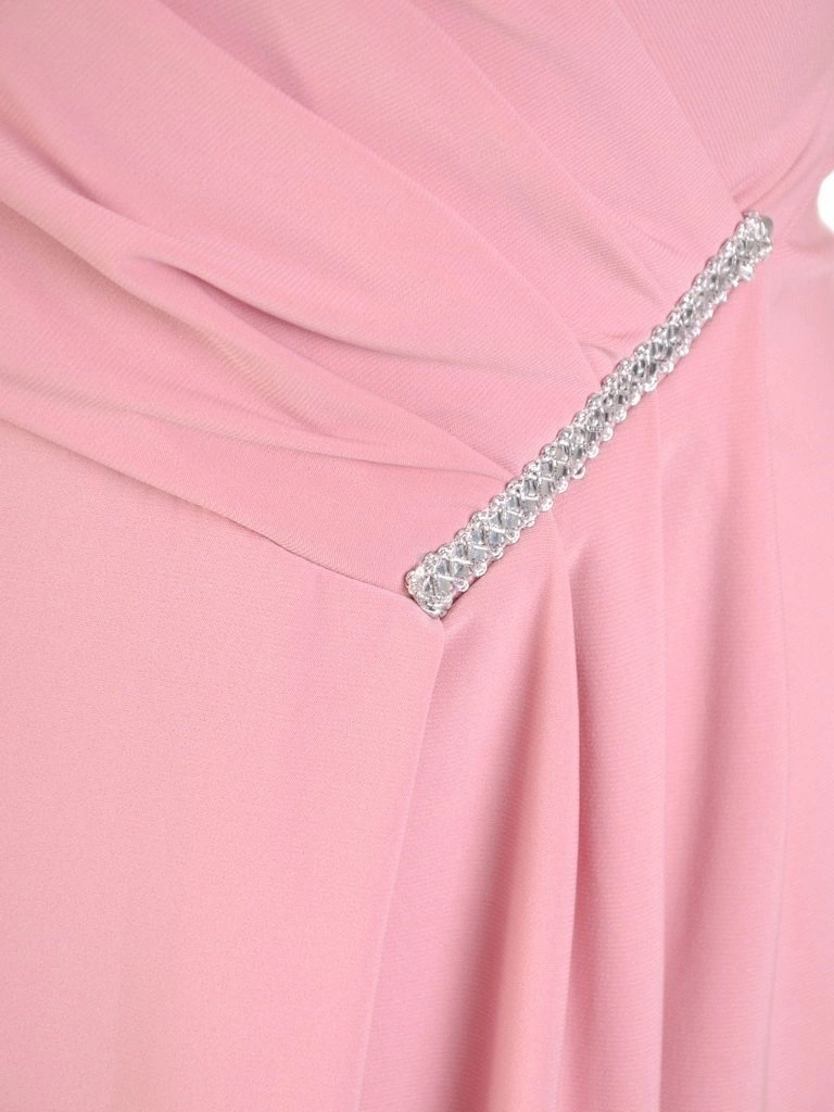 Elegancka sukienka wieczorowa midi brudny róż – rozkloszowany dół i kopertowy dekolt z cyrkoniami 30125