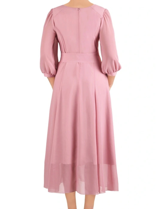 Rozkloszowana sukienka maxi w odcieniu brudnego różu – elegancki fason z rękawem 3/4 wysmuklający talię 41269
