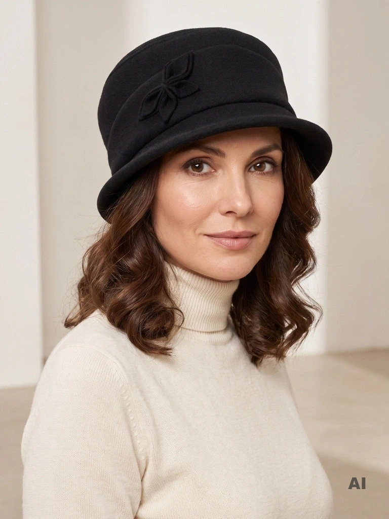 Elegancki kapelusz damski zimowy cloche – ocieplany model z wywiniętym rondem i ozdobnym akcentem 40524