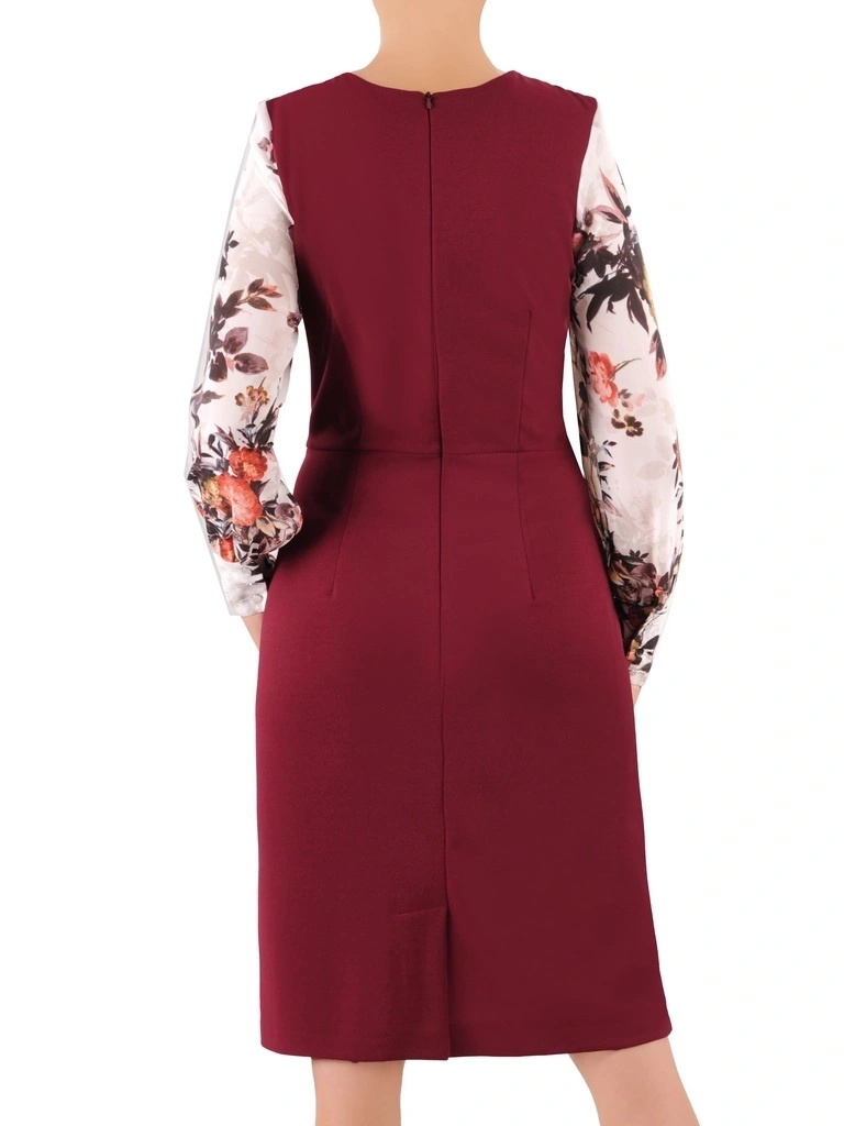 Bordowa sukienka jesienna midi z długim rękawem w kwiaty – prosty krój z ozdobnymi mankietami 36978