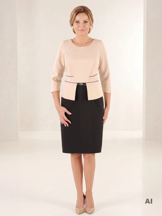 Czarna sukienka wizytowa ołówkowa z beżowymi detalami – kobiecy krój z modelującą baskinką 36588