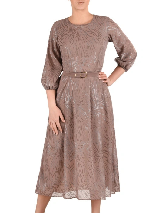 Elegancka beżowa sukienka rozkloszowana maxi – kobiecy plisowany dół i pasek modelujący talię 41578