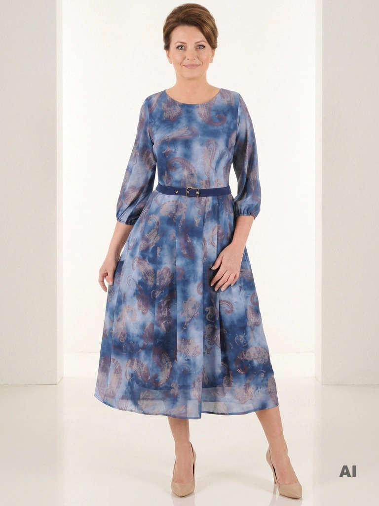 Wizytowa sukienka rozkloszowana maxi w elegancki wzór – kobiecy pasek modelujący sylwetkę 39850