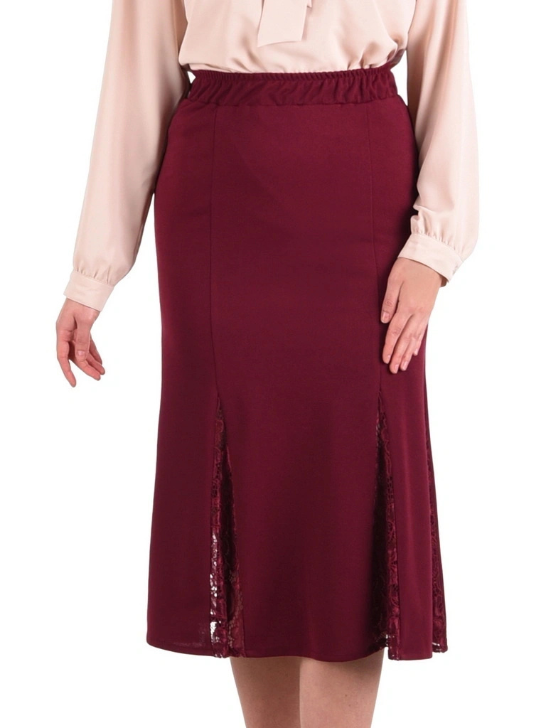 Elegancka bordowa spódnica trapezowa midi – elastyczny pas wysmuklający biodra i koronka 41616