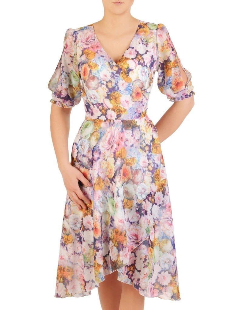 Elegancka sukienka rozkloszowana w kwiatowy motyw – bufiaste rękawy i wiązanie modelujące talię 28987