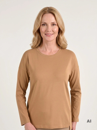 Elegancka bluzka bawełniana z długim rękawem camel – prosty fason z przedłużanym tyłem 41543