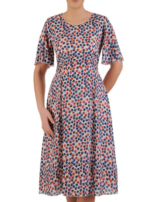 Sukienka z tkaniny, rozkloszowana kreacja w kolorowe grochy 25033