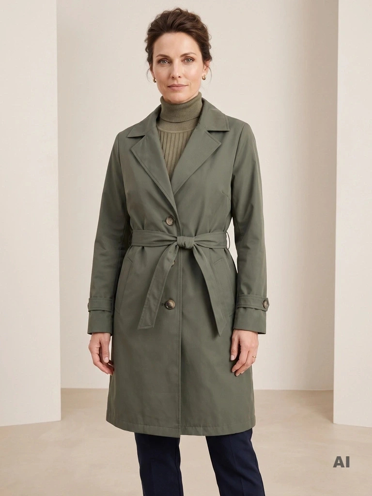 Stylowy płaszcz na jesień damski trencz khaki – kobiecy fason z paskiem modelującym sylwetkę 39409