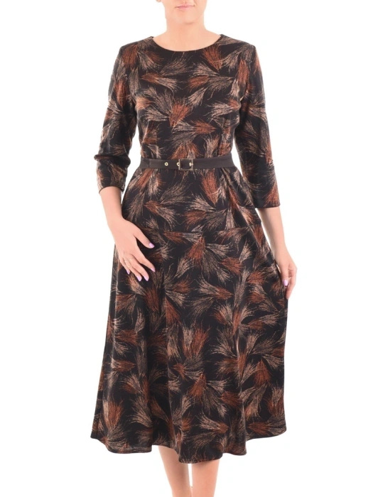 Rozkloszowana sukienka jesienna maxi z rękawem 3/4 – stylowy print i pasek podkreślający talię 40295