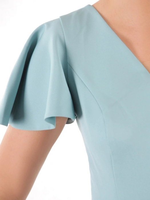 Elegancka sukienka rozkloszowana na wesele zielona midi – fason tuszujący biodra z dekoltem w serek 38498