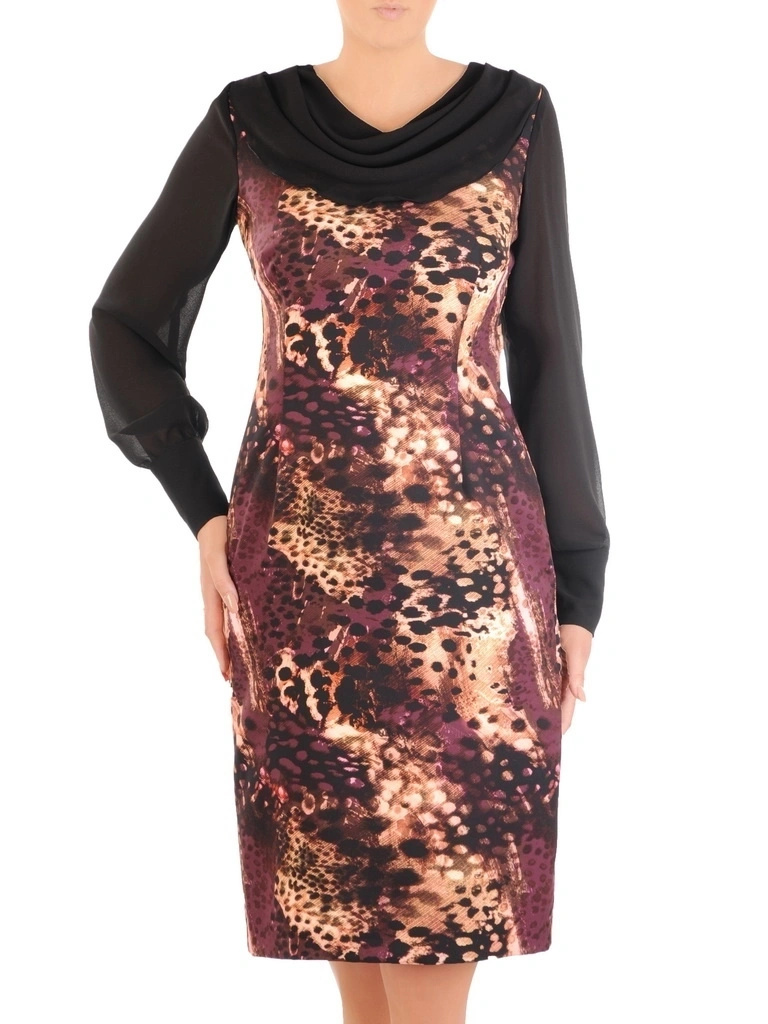 Elegancka prosta sukienka midi w zwierzęcy print – kobiecy krój z ozdobnym szalem 33937