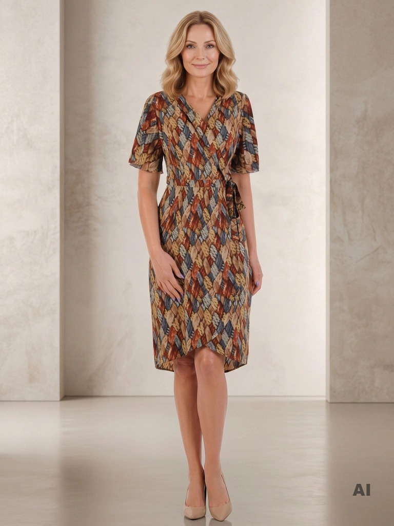 Elegancka sukienka wizytowa midi w modny print – prosty fason wysmuklający sylwetkę 20542