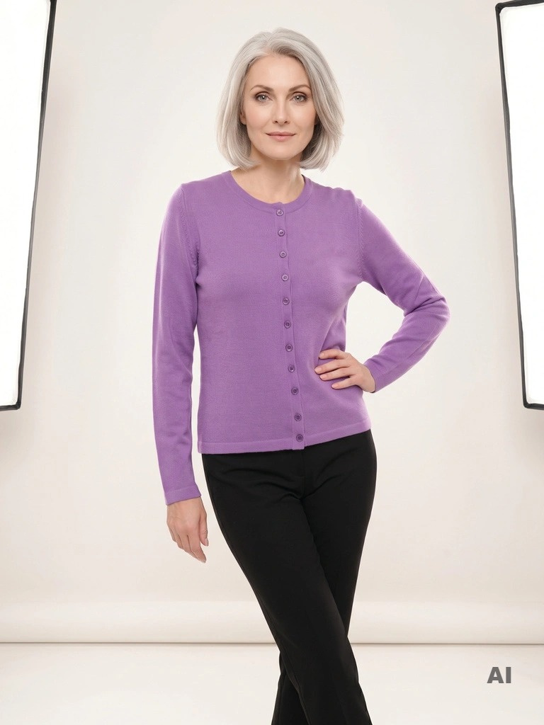 Elegancki sweter damski rozpinany na guziki fioletowy – prosty fason na chłodniejsze dni 38679