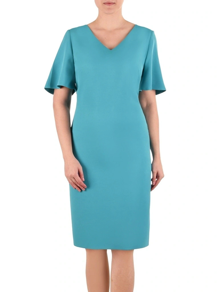 Turkusowa sukienka wizytowa midi o prostym kroju – wysmuklający dekolt w serek na jesienne wyjścia 41846