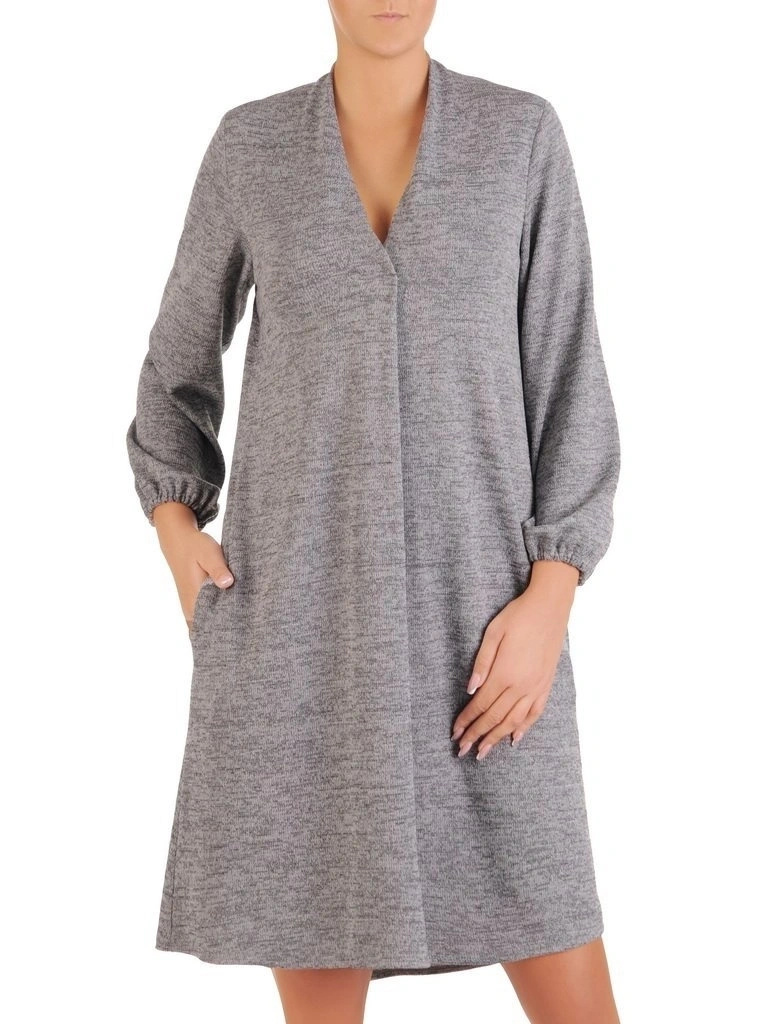 Dzianinowa sukienka trapezowa szary melanż – wysmuklający krój z kontrafałdą i paskiem 27222
