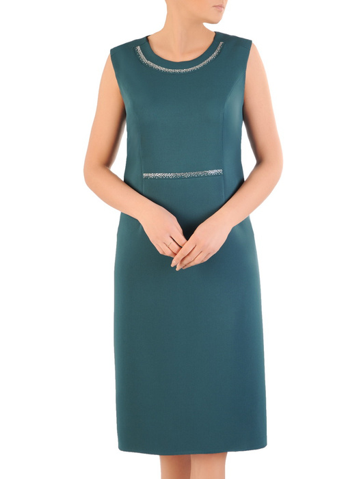 Elegancki zielony komplet, prosta sukienka z koronkowym żakietem 33520