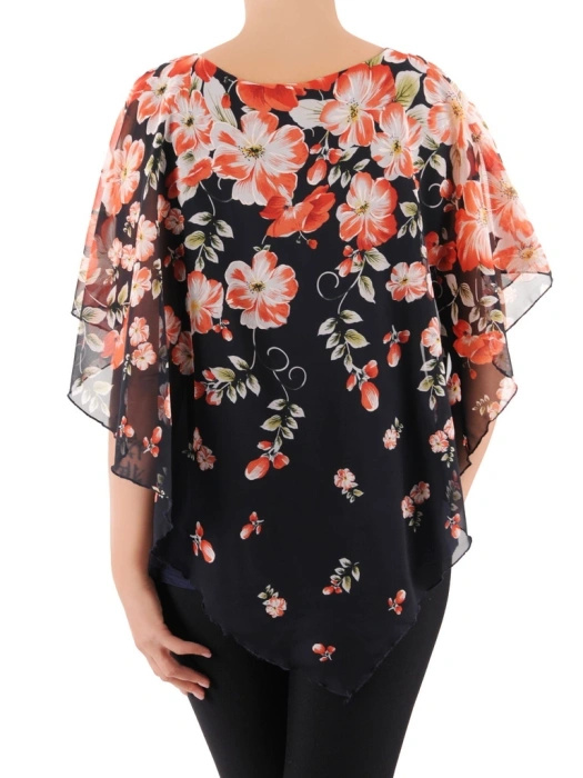 Klasyczna bluzka plus size z krótkim rękawem i kwiatowym wzorem – z fasonem prostym z narzutką, wysmuklająca sylwetkę 38535