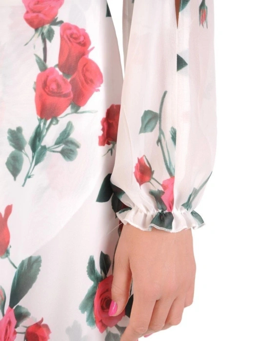 Elegancka sukienka rozkloszowana maxi w kwiaty – kopertowy przód i wiązanie modelujące talię 29996