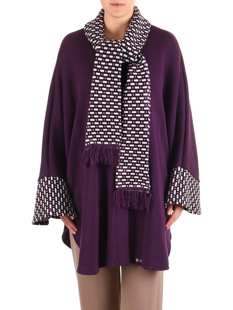 Elegancki fioletowy sweter damski z wiązaniem – luźny krój z zaokrąglonym dołem na jesień 42166