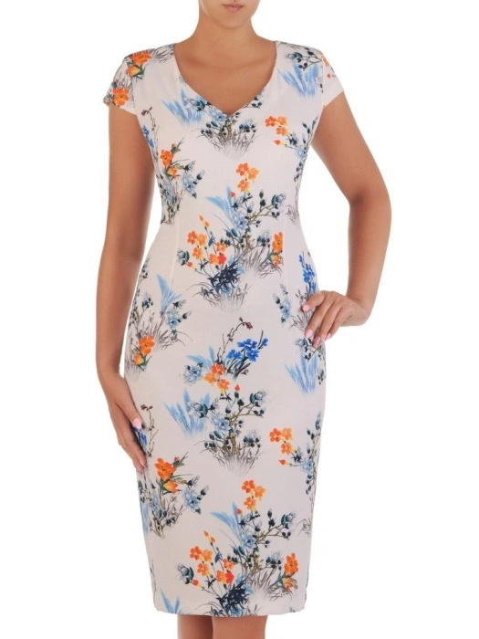Elegancka sukienka midi w kwiaty o prostym fasonie – modelujące sylwetkę przeszycia i dekolt w serek 20998